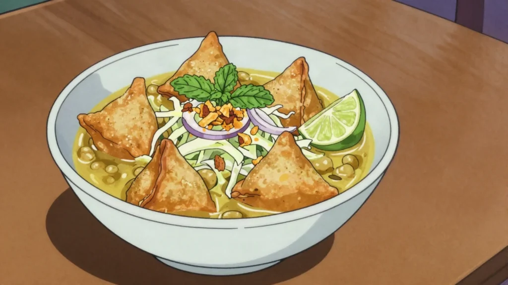 Samusa Thoke, chopped samosa salad with chickpea broth, cabbage and mint, Myanmar street food, anime style
