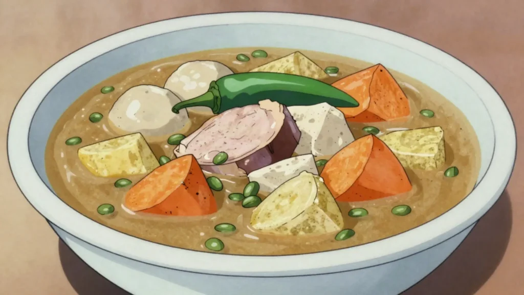 Sancoche, thick soup of salt meat, ground provisions, split peas and dumplings, Grenada soup & stew, anime style