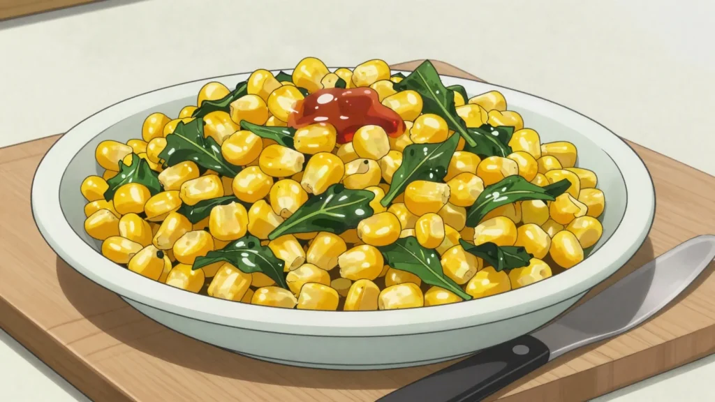 Sanga, fresh corn mashed with huckleberry leaves and palm oil, Cameroon salad & side, anime style
