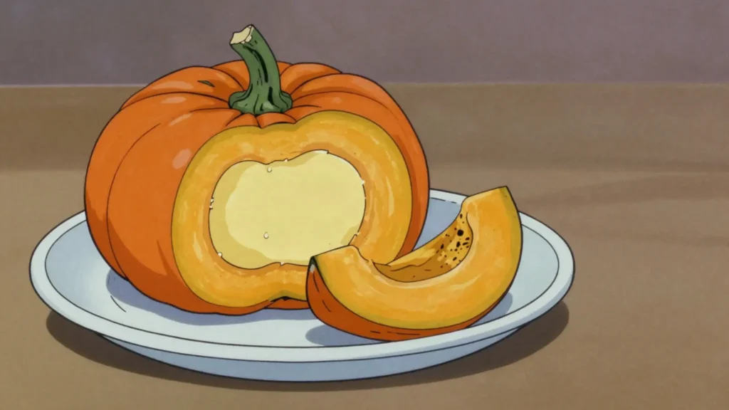 Sangkhaya Mak Eu, small pumpkin hollowed out, filled with coconut custard and steamed whole, Laos dessert, anime style