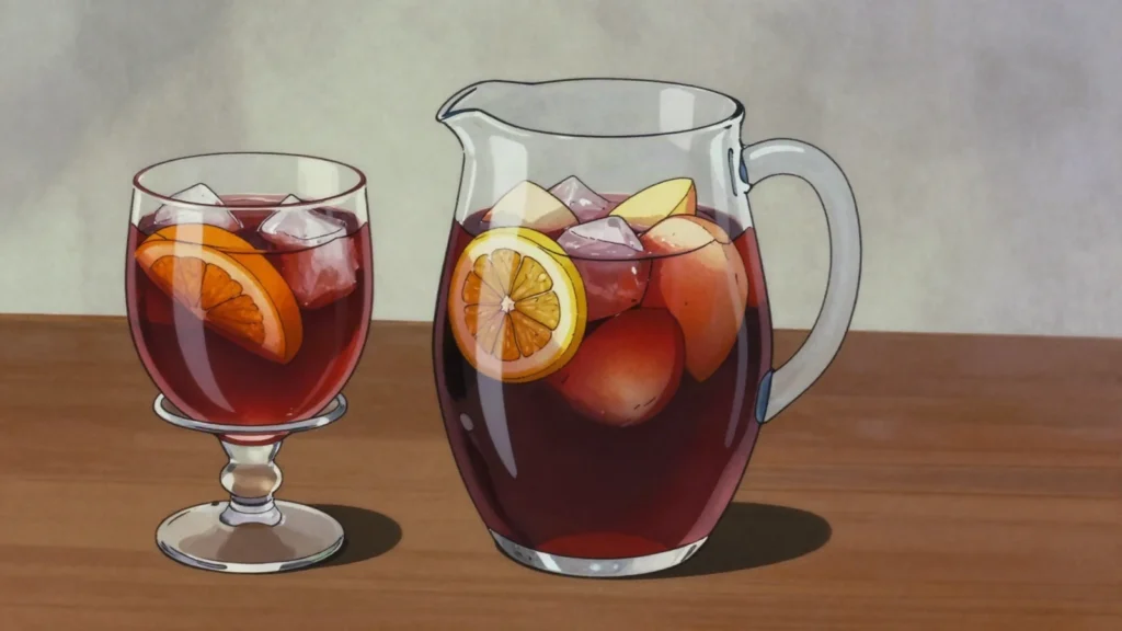 Sangria, chilled red wine punch with chopped fruit, Spain cocktail, anime style