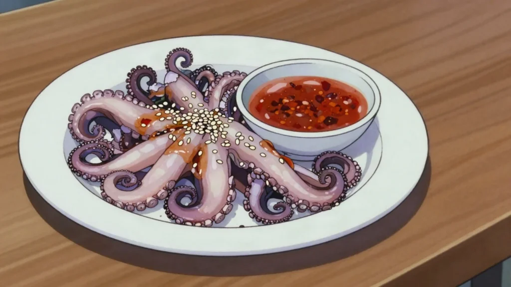 Sannakji, freshly cut octopus tentacles still writhing, dressed in sesame oil and seeds, South Korea main, anime style