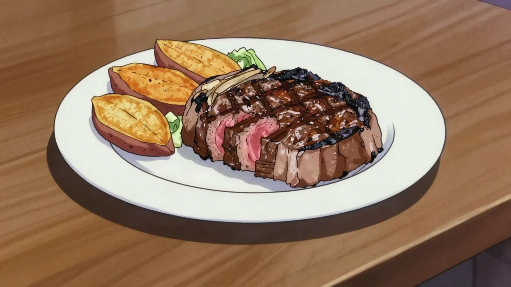 Santo Beef, grass-fed steak from Espiritu Santo cattle, lean and cheap by island standards, Vanuatu main, anime style