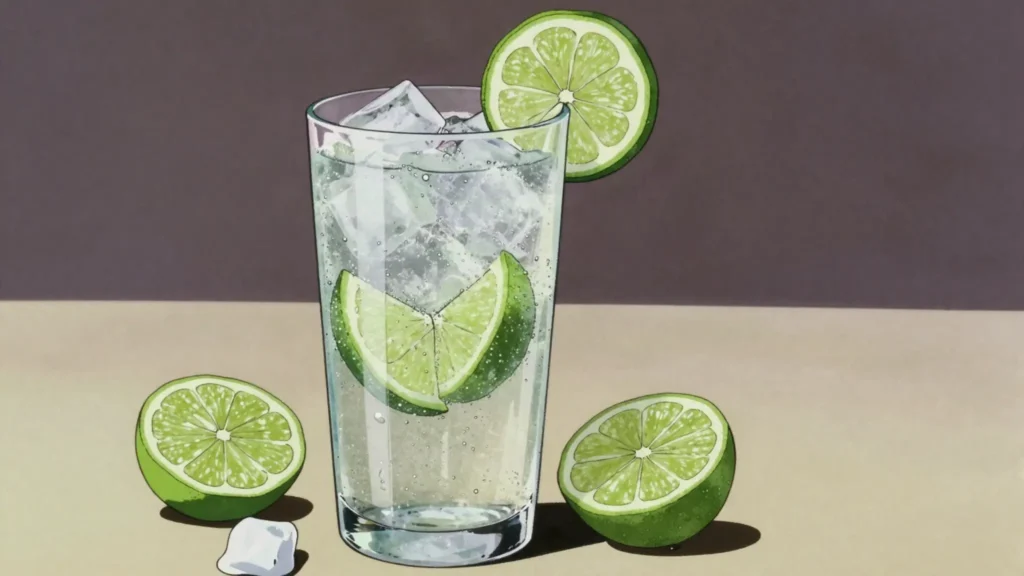 Santo Libre, dominican rum lengthened with lemon-lime soda and plenty of lime, Dominican Republic cocktail, anime style