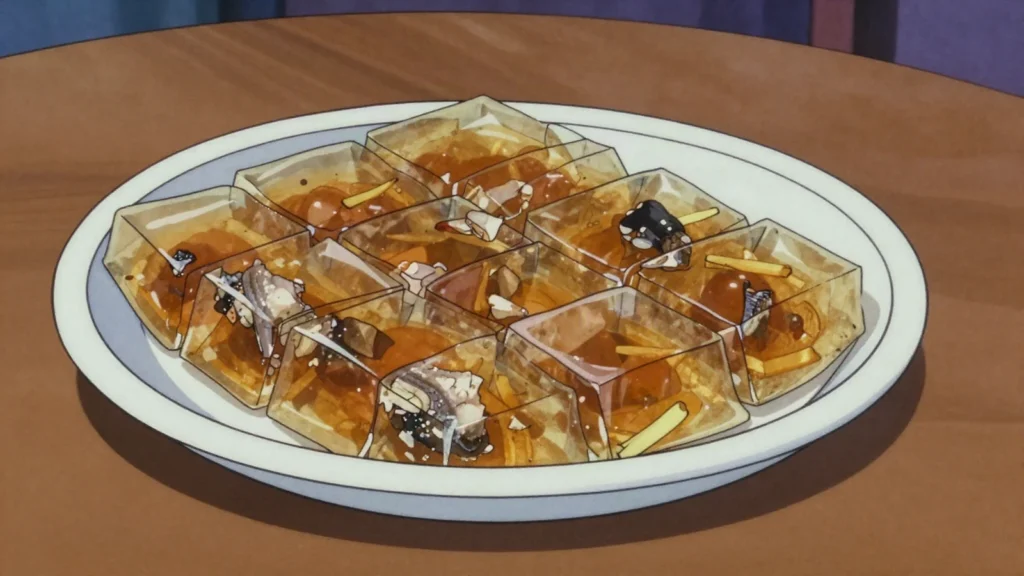 Sanya Khuna, jellied fish aspic set with ginger and spices, eaten cold in winter, Nepal salad & side, anime style