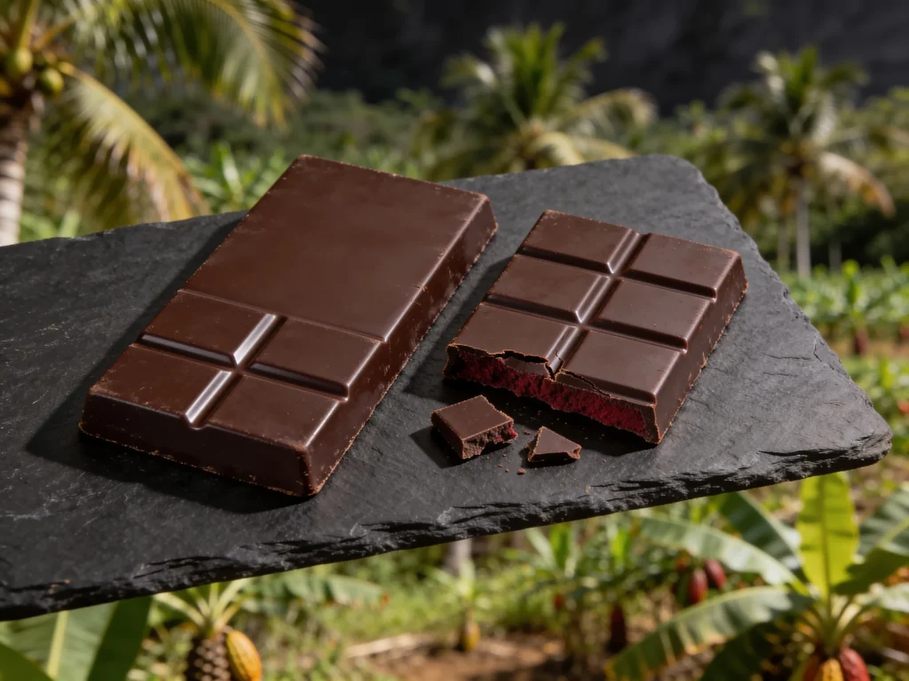 São Tomé chocolate, intense dark chocolate made on the island from its own, São Tomé and Príncipe dessert, anime style