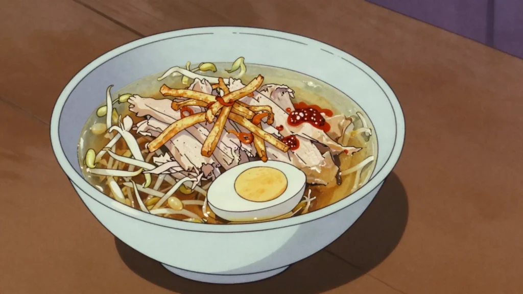 Saoto, javanese-Surinamese chicken broth with bean sprouts, egg, crisp shallots, Suriname soup & stew, anime style