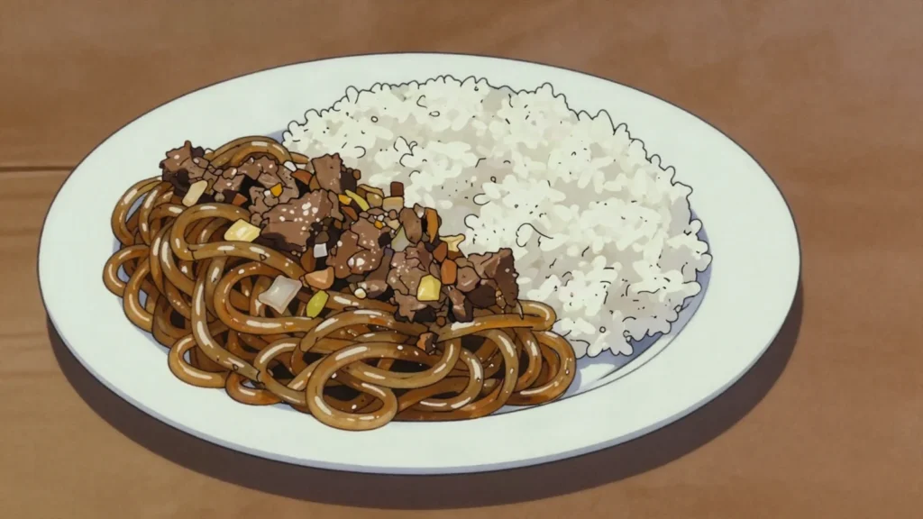 Sapasui, samoan chop suey of glass noodles simmered with soy and meat, Samoa main, anime style