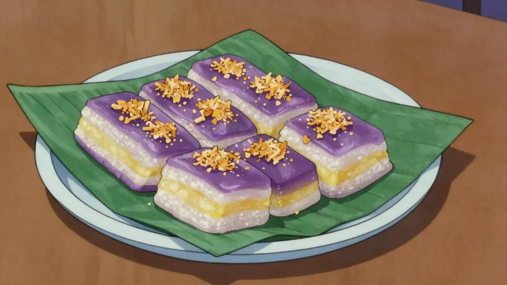 Sapin-Sapin, layered coloured rice cake of coconut milk and ube, topped with toasted, Philippines dessert, anime style