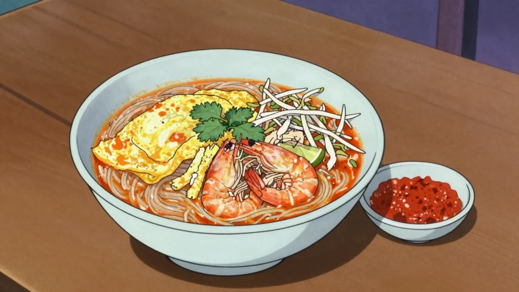 Sarawak Laksa, sambal and coconut broth with vermicelli, omelette strips, prawns and, Malaysia soup & stew, anime style