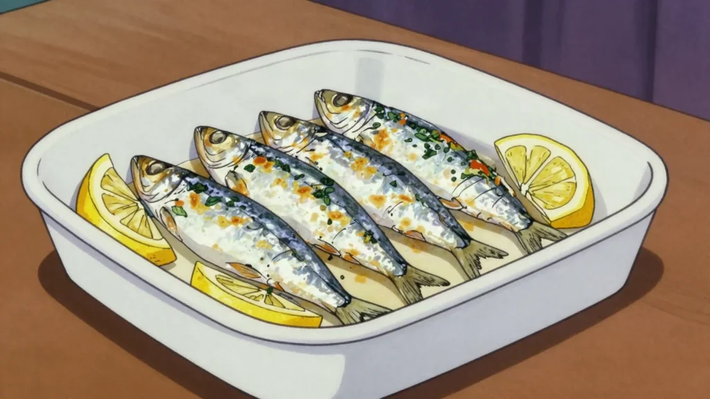 Sardines farcies, boned sardines stuffed with chard, herbs and cheese, then baked, Monaco main, anime style