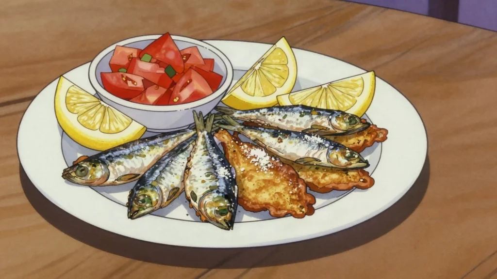 Sardines mchermel, butterflied sardines sandwiched around chermoula, floured and fried to, Morocco street food, anime style