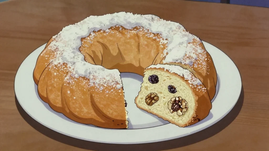 Sarkelj, ring-shaped yeast cake with nuts or raisins, baked in a fluted mould, Slovenia bread & pastry, anime style