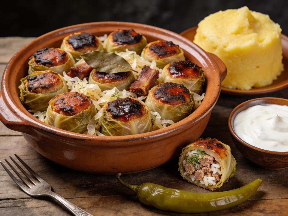 Sarmale, sour cabbage rolls of pork and rice, with mămăligă, sour cream, Romania main
