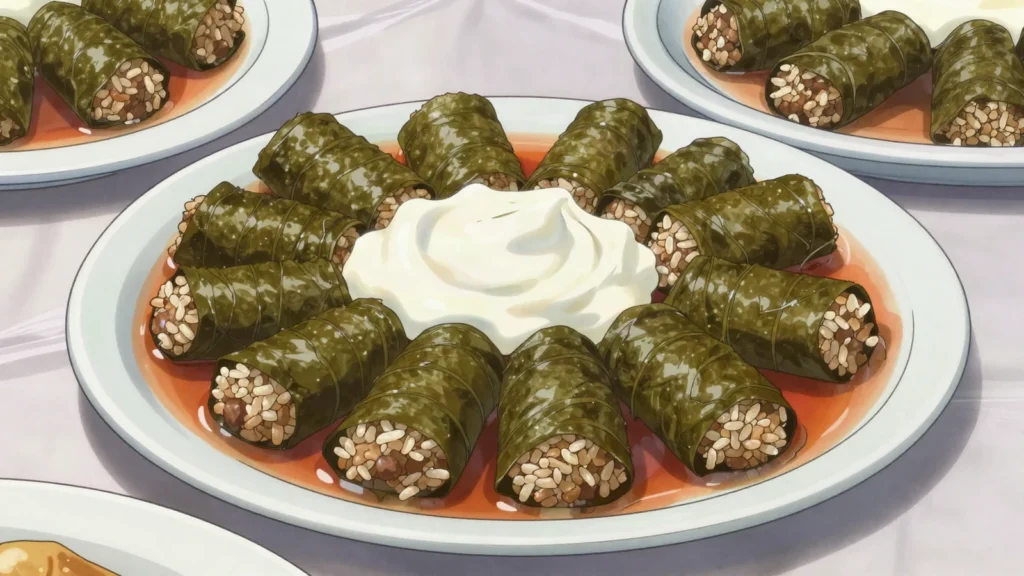 Sarmi, cabbage or vine leaves rolled around rice, mince, Bulgaria main, anime style