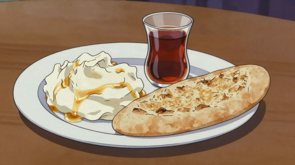 Sarshir, clotted cream skimmed from milk, eaten with honey and hot bread, Iran cheese & dairy, anime style