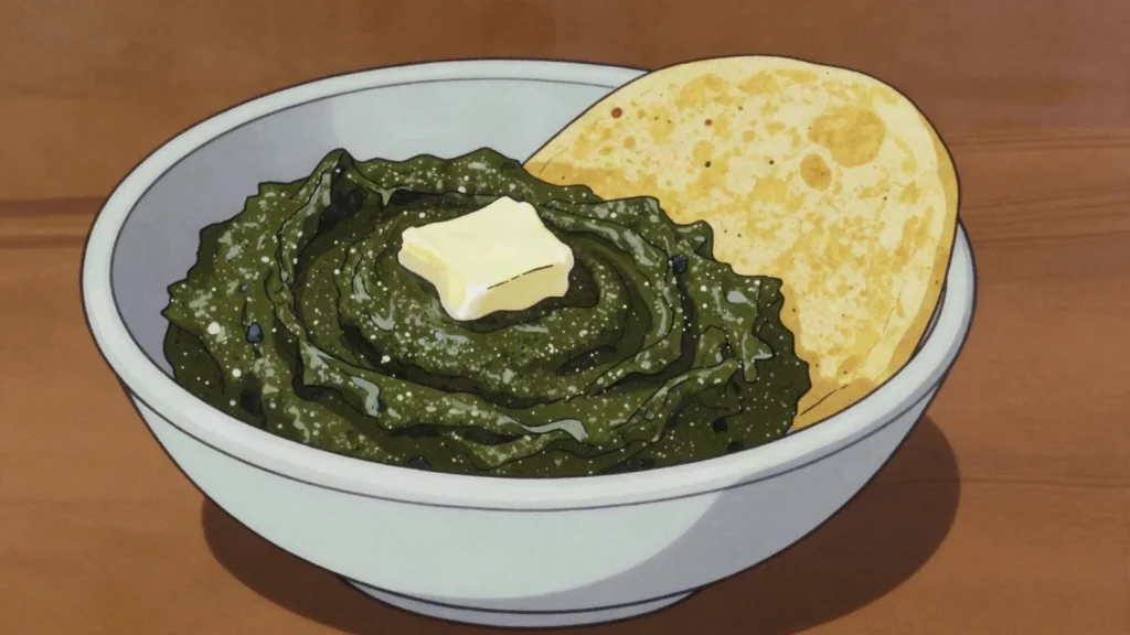 Sarson ka Saag, slow-cooked mustard greens with butter, eaten with maize bread in winter, Pakistan main, anime style