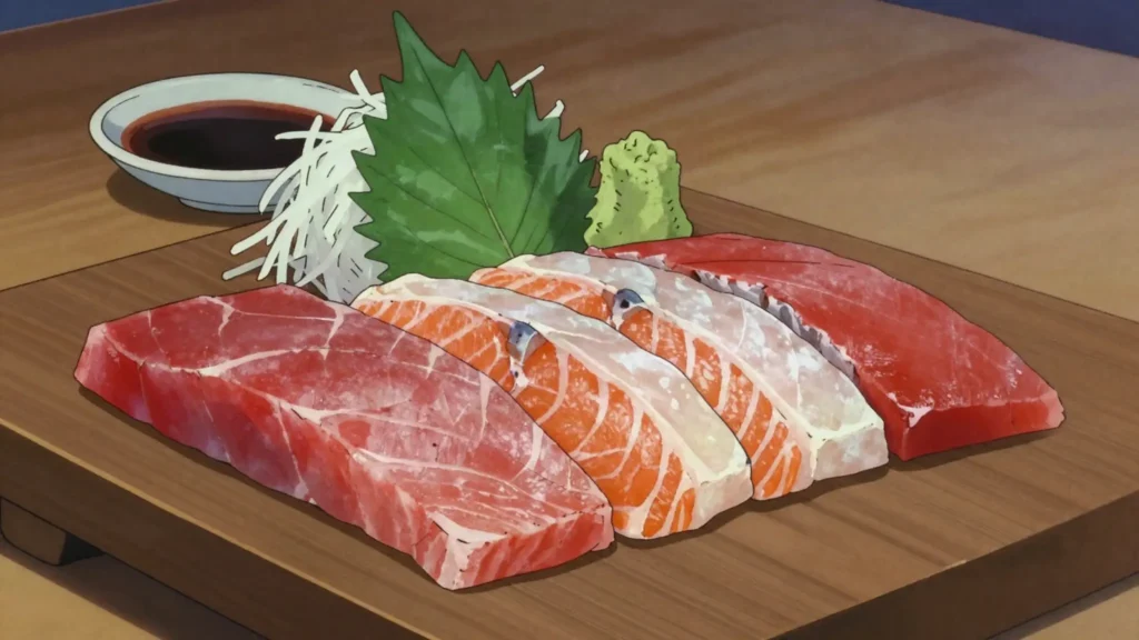 Sashimi, pristine slices of raw fish served with soy sauce and wasabi, Japan main, anime style