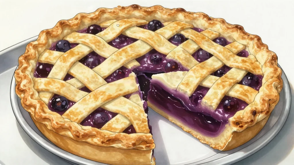 Saskatoon berry pie, prairie pie of sweet saskatoon berries in flaky crust, Canada dessert, anime style
