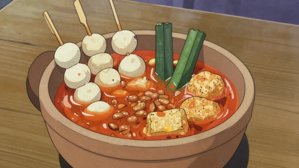 Satay Celup, raw skewers cooked by the diner in a bubbling communal peanut sauce, Malaysia street food, anime style