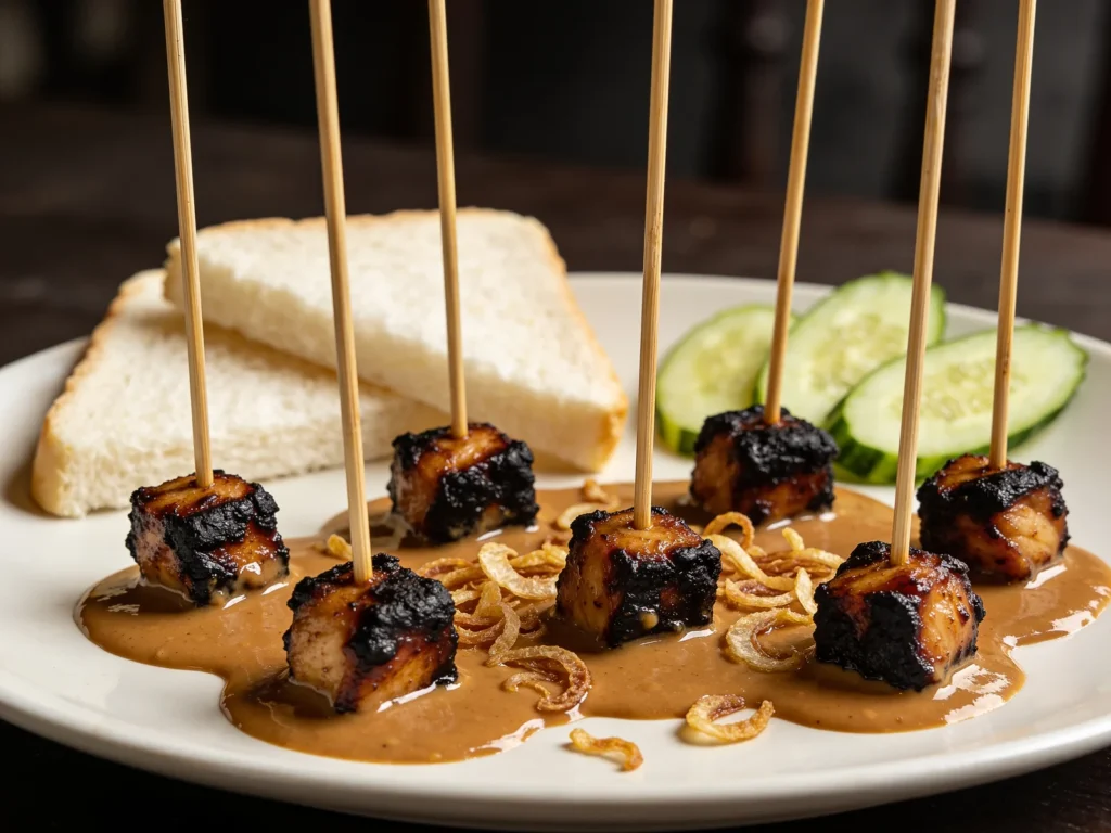 Saté, grilled chicken skewers with thick peanut sauce, eaten with bread or rice, Suriname street food, anime style
