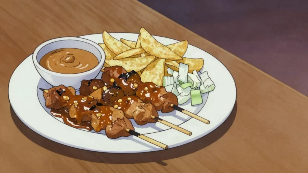 Satésaus, thick peanut sauce poured over fries, satay skewers and grilled meat, Netherlands sauce & condiment, anime style