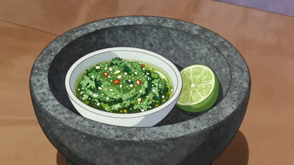 Satini cotomili, coriander, chili and garlic ground on a stone into a green chutney, Mauritius sauce & condiment, anime style