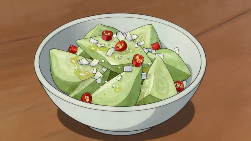 Satini papay, grated green papaya chutney with lime, Seychelles sauce & condiment, anime style