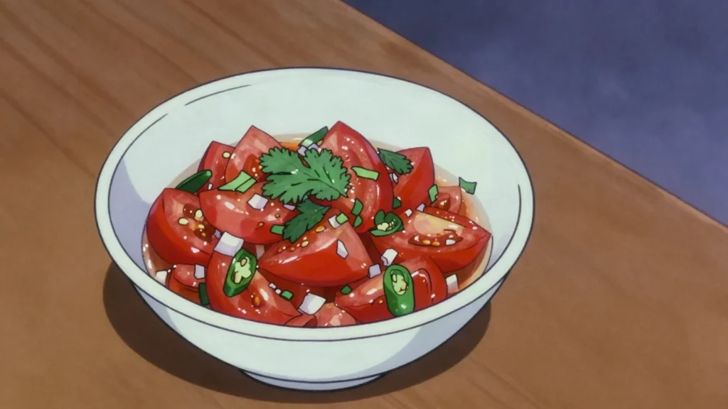 Satini pomme d'amour, fresh tomato chutney with coriander and chili, Mauritius sauce & condiment, anime style