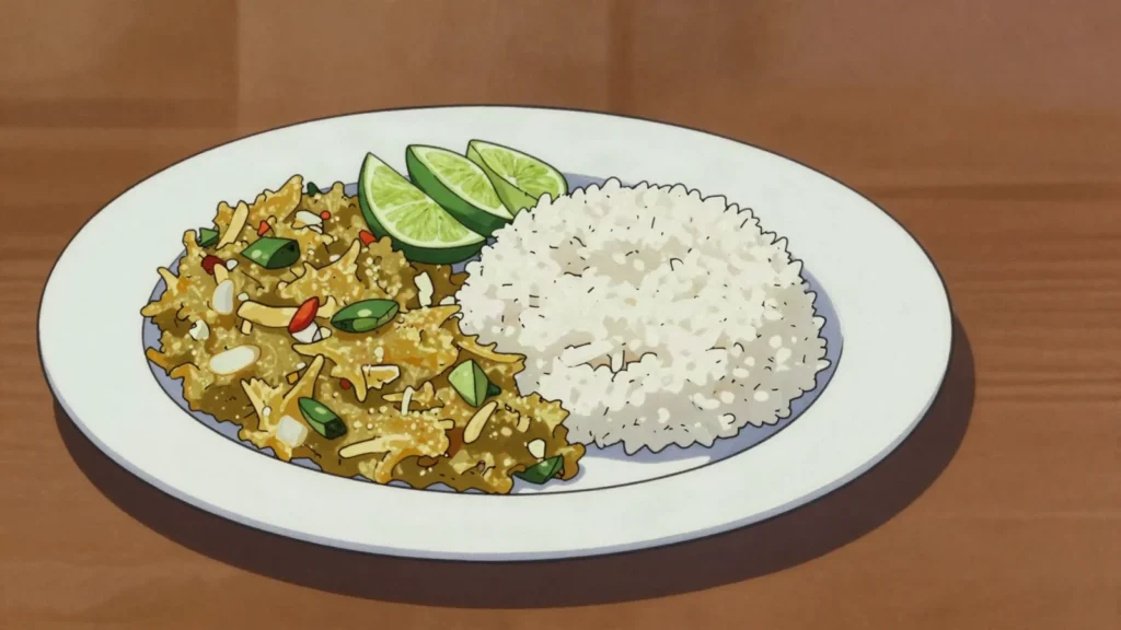 Satini reken, boiled shark mashed with bilimbi and lime, served with rice, Seychelles salad & side, anime style