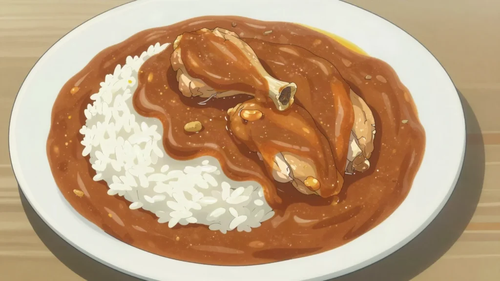 Sauce arachide, creamy peanut sauce with chicken or beef, served over rice, Côte d'Ivoire soup & stew, anime style
