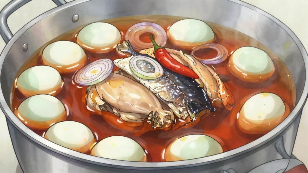 Sauce claire, light eggplant-tomato broth with smoked fish or guinea fowl, Côte d'Ivoire soup & stew, anime style
