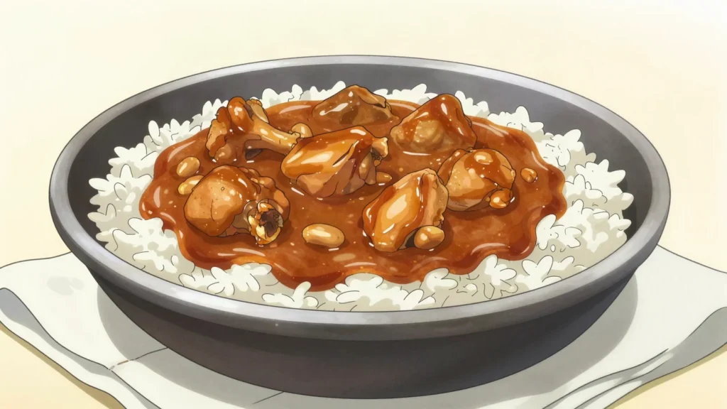 Sauce d'arachide, meat in creamy ground-peanut tomato sauce, ladled over rice, Guinea soup & stew, anime style