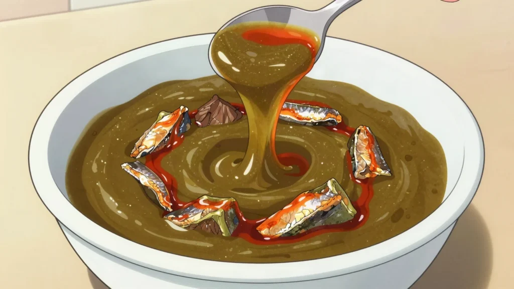Sauce djoumgblé, slippery okra sauce from the west, drawn out long with palm oil, Côte d'Ivoire soup & stew, anime style