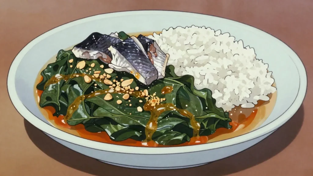 Sauce feuille, pounded potato-leaf sauce with palm oil, peanut and smoked fish, over rice, Guinea soup & stew, anime style