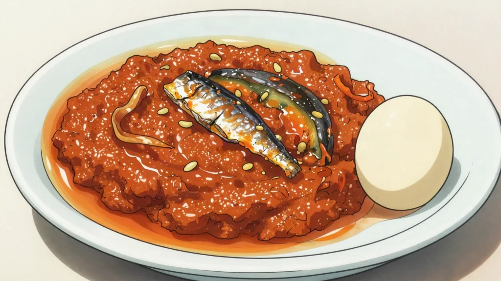 Sauce gouagouassou, garden-egg and tomato sauce simmered with smoked fish or beef, Côte d'Ivoire soup & stew, anime style