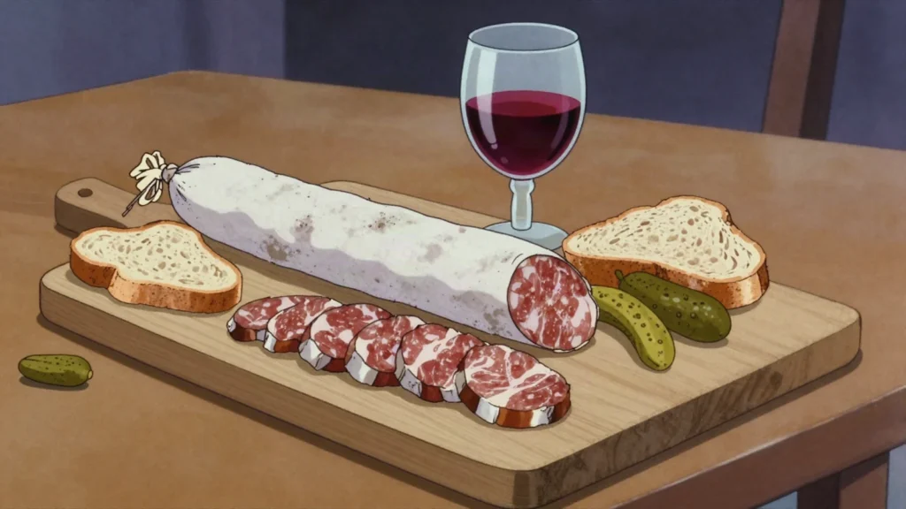 Saucisson sec, dry-cured pork sausage sliced as an aperitif with bread and wine, France charcuterie & cured, anime style