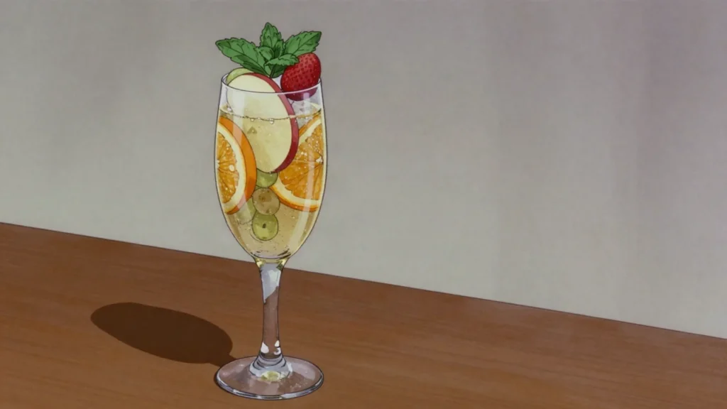 Saudi champagne, sparkling apple juice with mint, lemon and sliced fruit, poured at, Saudi Arabia cocktail, anime style