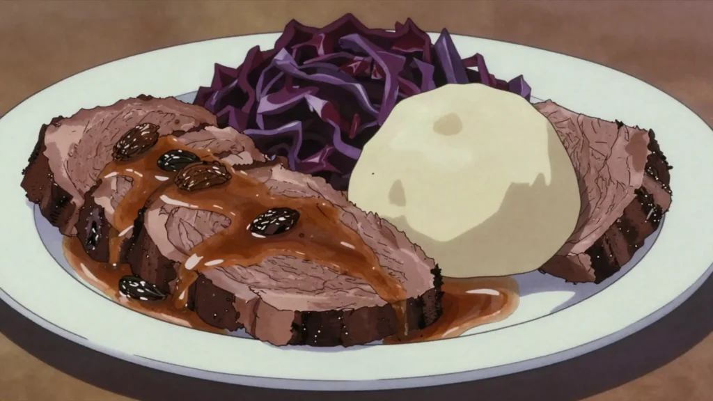 Sauerbraten, beef pot roast marinated in vinegar, sweet-sour raisin gravy, Germany main, anime style
