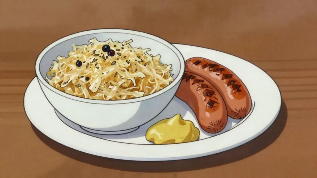 Sauerkraut, fermented white cabbage, sour partner to sausages and pork, Germany fermented & pickled, anime style