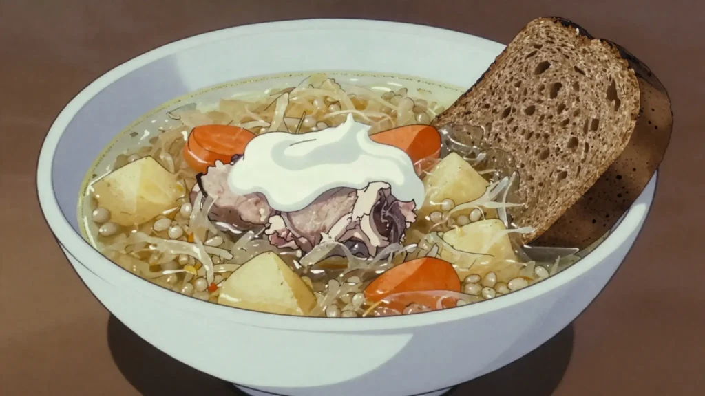 Sauerkraut soup, sour cabbage soup with pork and pearl barley, Estonia soup & stew, anime style