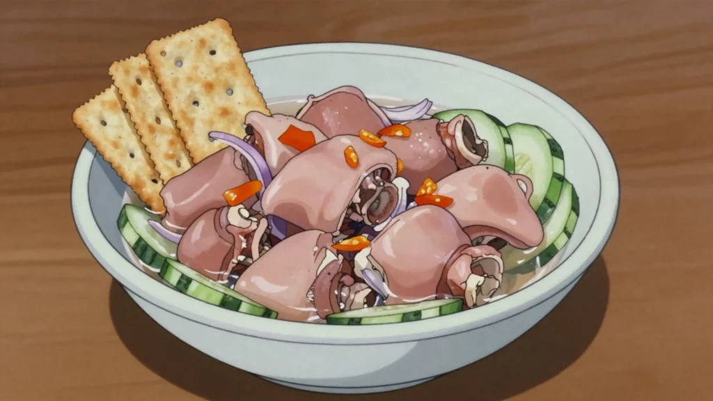 Saus, pigs' feet pickled with lime, onion, cucumber and hot pepper, Panama snack, anime style