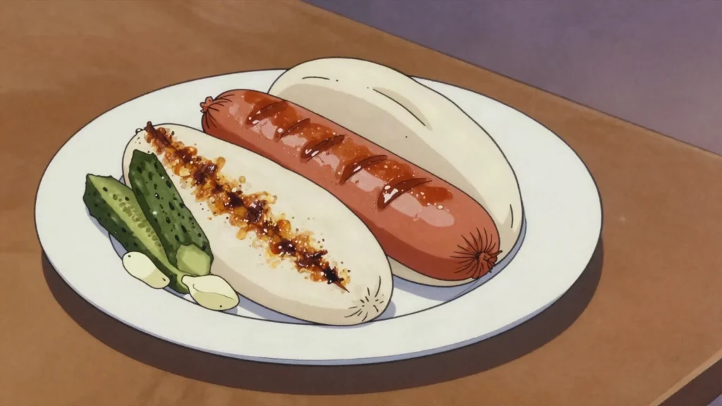 Sausage in Rice Sausage, grilled pork sausage tucked into a split glutinous-rice sausage, Taiwan street food, anime style