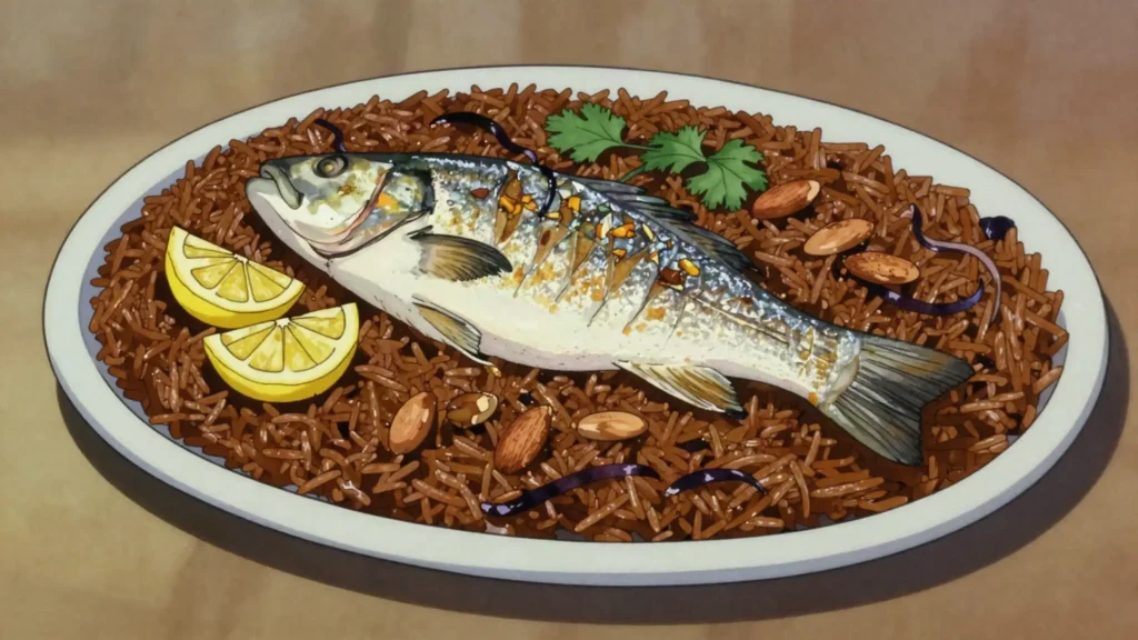 Sayadeya, fish baked over caramelized-onion spiced rice; Alexandrian coastal favourite, Egypt main, anime style