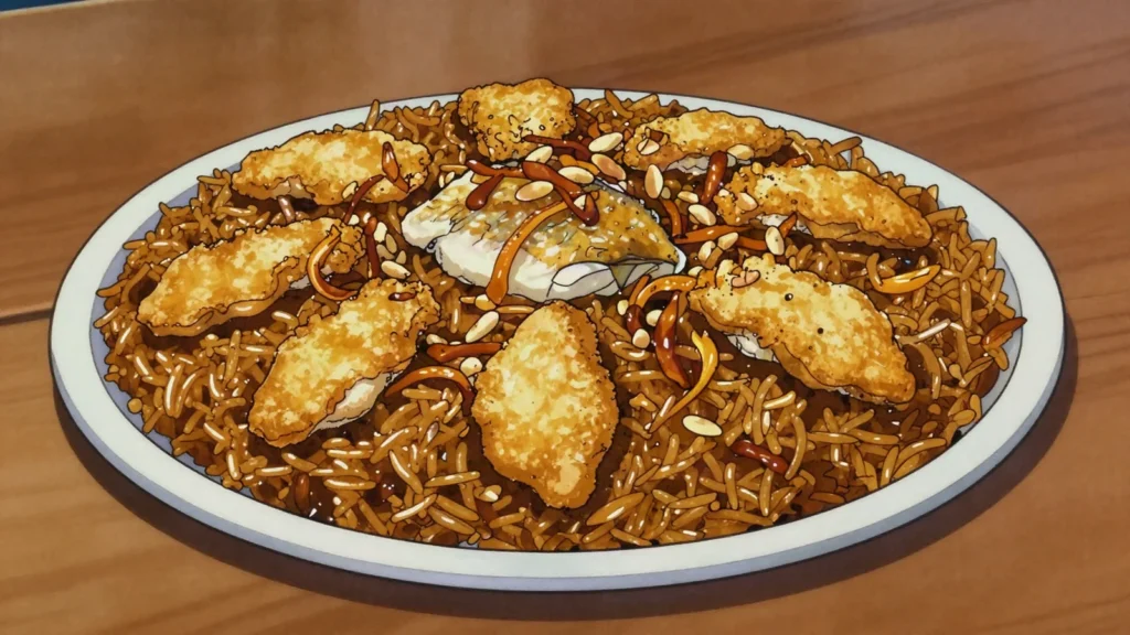 Sayadieh, red Sea fish over caramelized-onion spiced rice, Saudi Arabia main, anime style