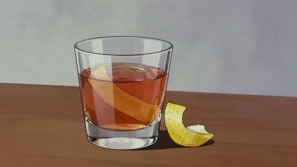 Sazerac, rye stirred with sugar and Peychaud's bitters in an absinthe-rinsed glass, United States cocktail, anime style