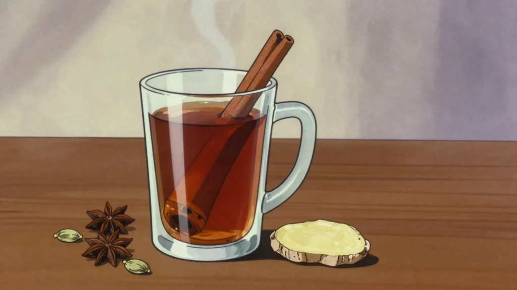 Sbiten, hot spiced honey drink with herbs, drunk before tea arrived, Russia drink, anime style