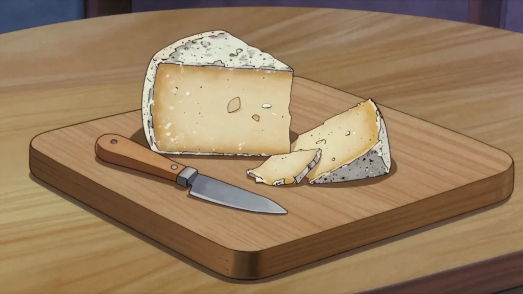 Sbrinz, extra-hard aged cheese broken into chips or grated over pasta, Switzerland cheese & dairy, anime style