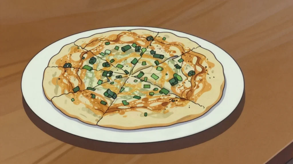 Scallion Pancake, flaky pan-fried flatbread layered with scallions, Taiwan street food, anime style