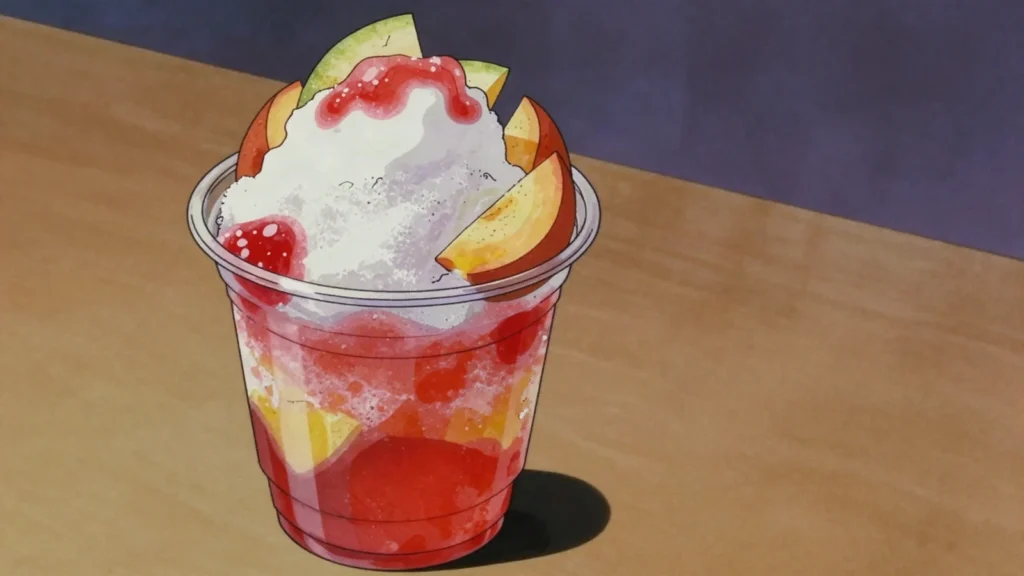 Schaafijs, shaved ice drenched in coloured fruit syrup, scraped to order, Suriname dessert, anime style